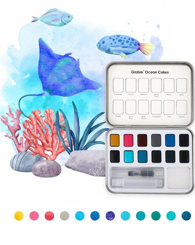 Grabie Watercolor Pocket Set of 12 With Brush Ocean Colors