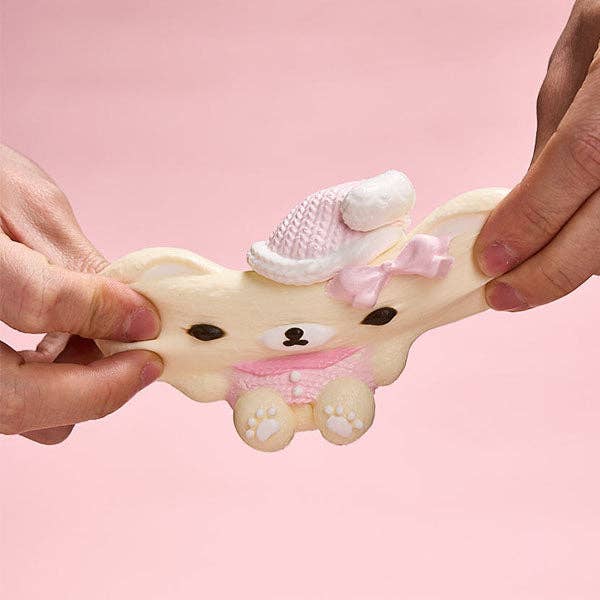 SqueezeSquad Taba Deluxe Premium Silicone Squishy Fidget Toy - Pink Hatted Bear