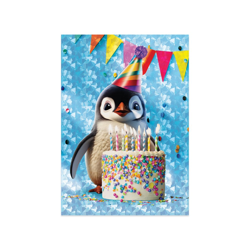 Penguin Foil Birthday Greeting Card with Festive Cake Design