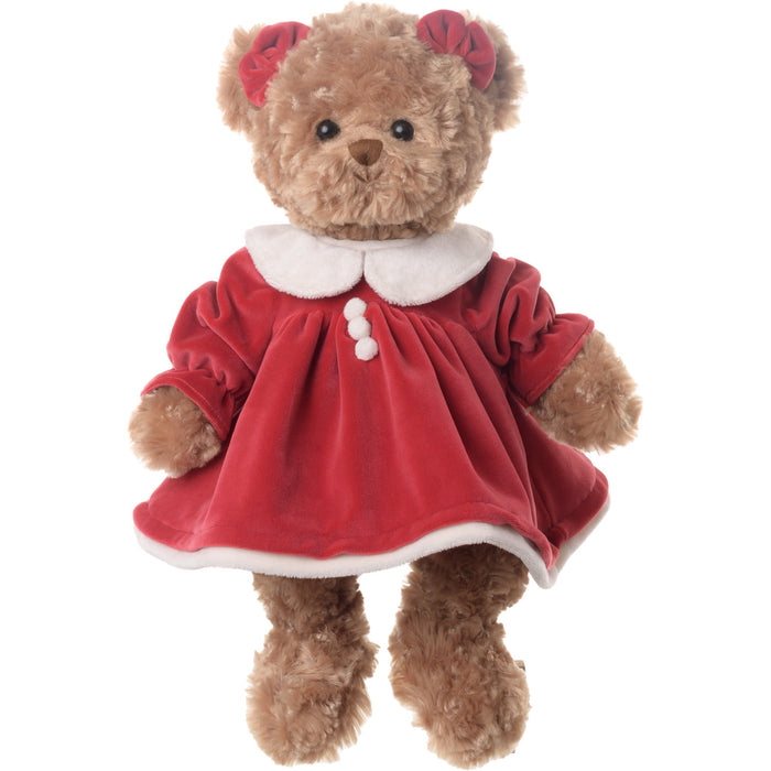 Celine Curly Brown Bear Plush, Festive Red & White Holiday Dress