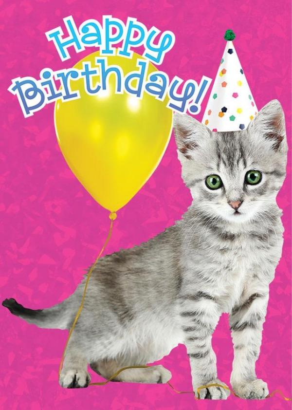 BIRTHDAY CARD: KITTEN AND BALLOON PINK