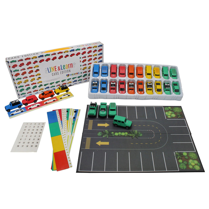 Line & Learn Toy Car Playset, 32-Piece Line and Learn Toy Vehicle Set