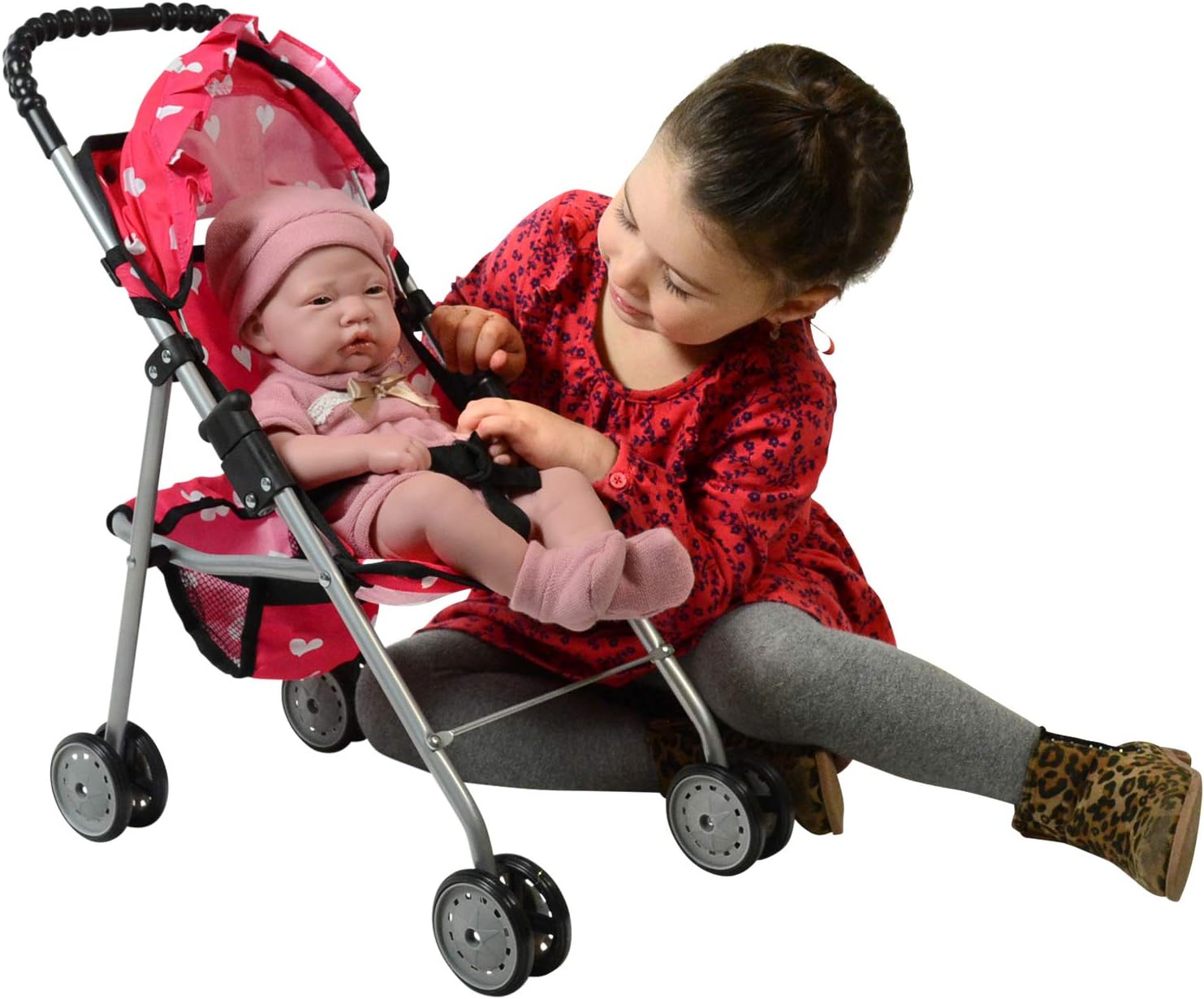 My First Doll Stroller with Basket & Heart Design Foldable Doll Stroller