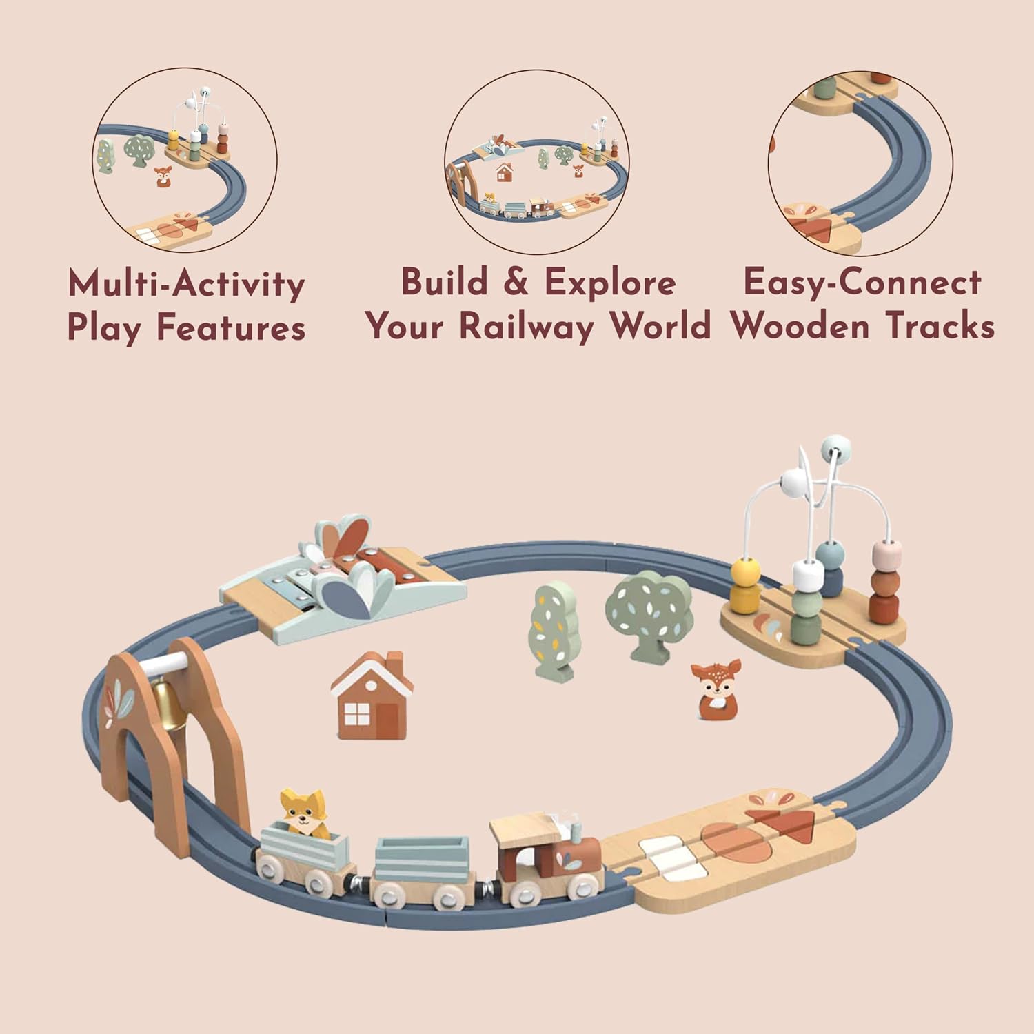 Speedy Monkey Multi-Activity Wooden Railway Set for Toddlers