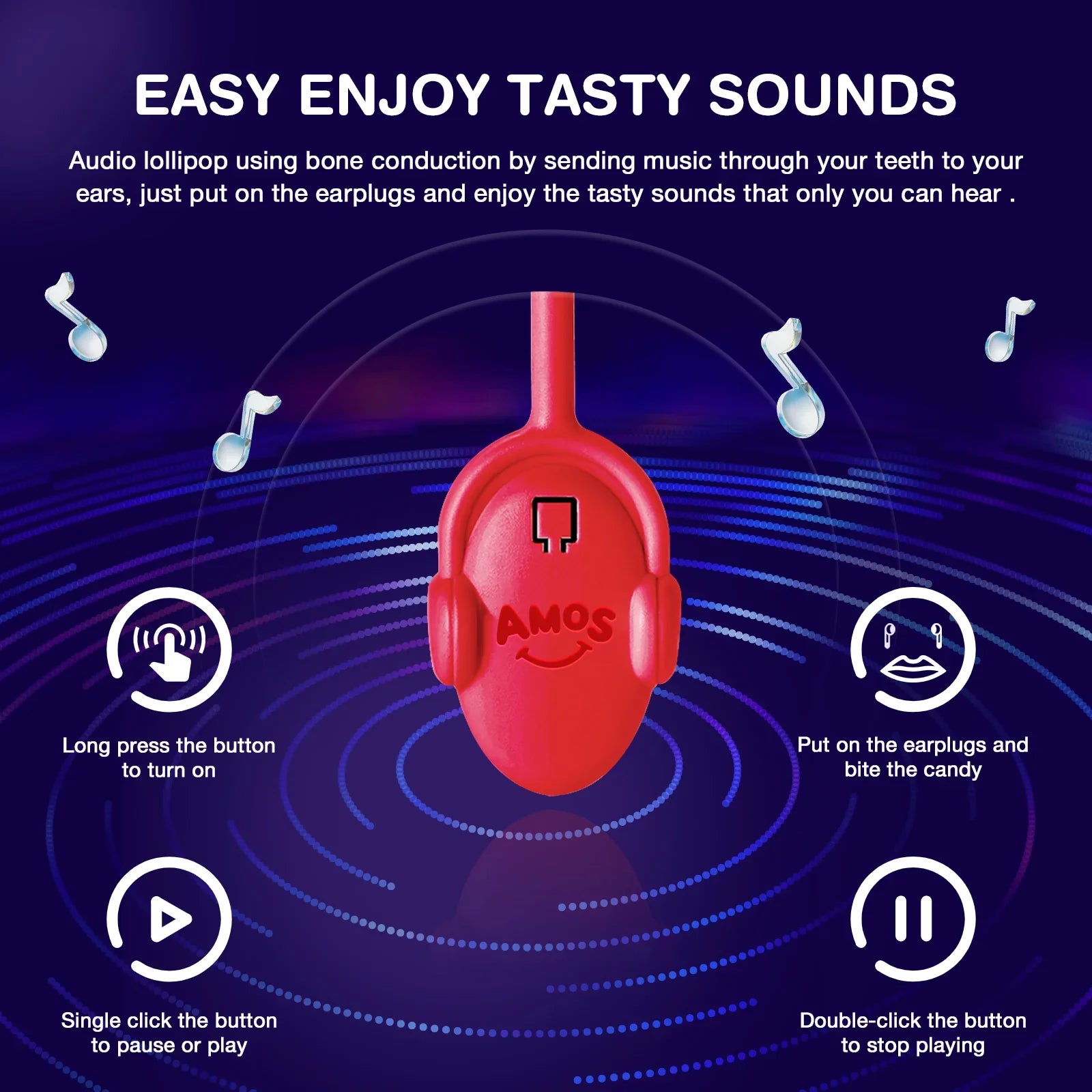 Amos Tasty Sounds Audio Music Lollipop Strawberry Flavor Candy
