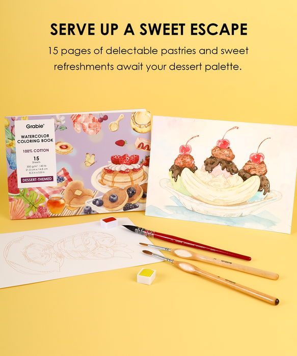 Grabie Dessert-Themed Watercolor Coloring Book 15-Sheet Set