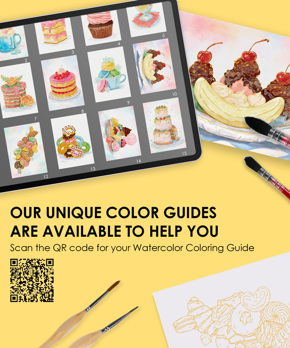 Grabie Dessert-Themed Watercolor Coloring Book 15-Sheet Set
