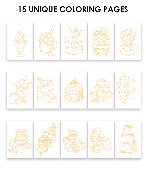 Grabie Dessert-Themed Watercolor Coloring Book 15-Sheet Set