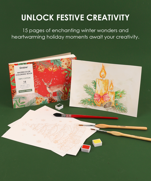 Grabie Holiday-Themed Watercolor Coloring Book 15-Sheet Set