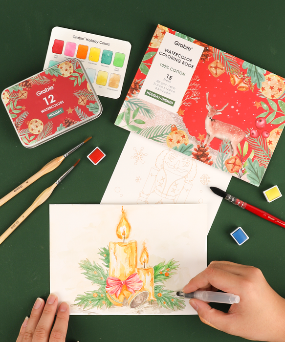 Grabie Holiday-Themed Watercolor Coloring Book 15-Sheet Set