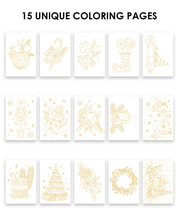 Grabie Holiday-Themed Watercolor Coloring Book 15-Sheet Set
