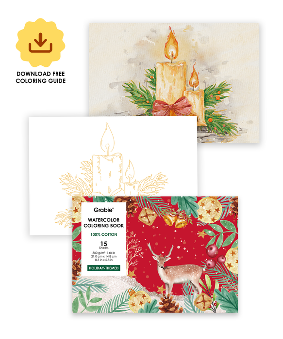 Grabie Holiday-Themed Watercolor Coloring Book 15-Sheet Set