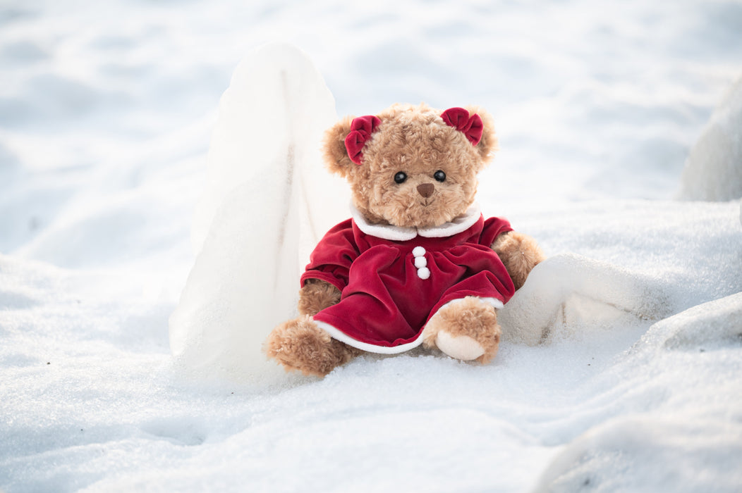 Celine Curly Brown Bear Plush, Festive Red & White Holiday Dress