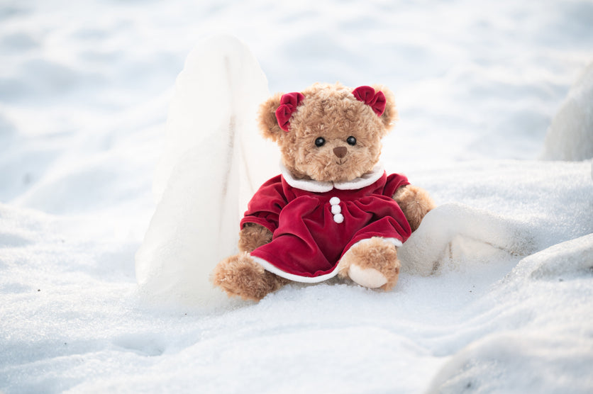 Celine Curly Brown Bear Plush, Festive Red & White Holiday Dress