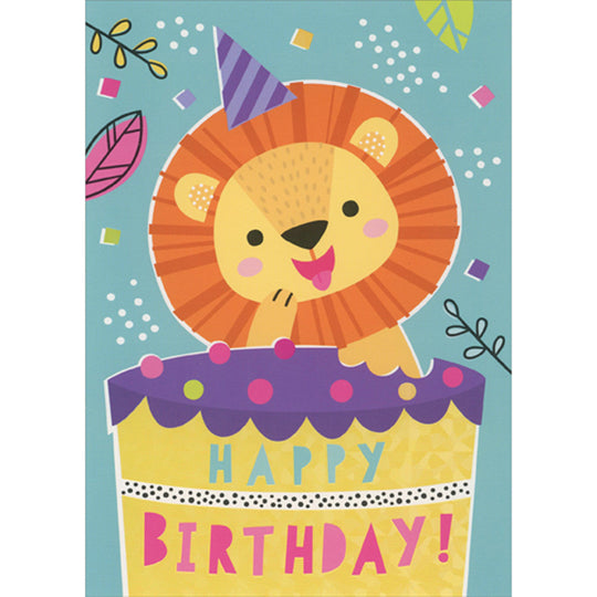 Cute Lion Eating Purple and Yellow Cake Birthday Card for Kid