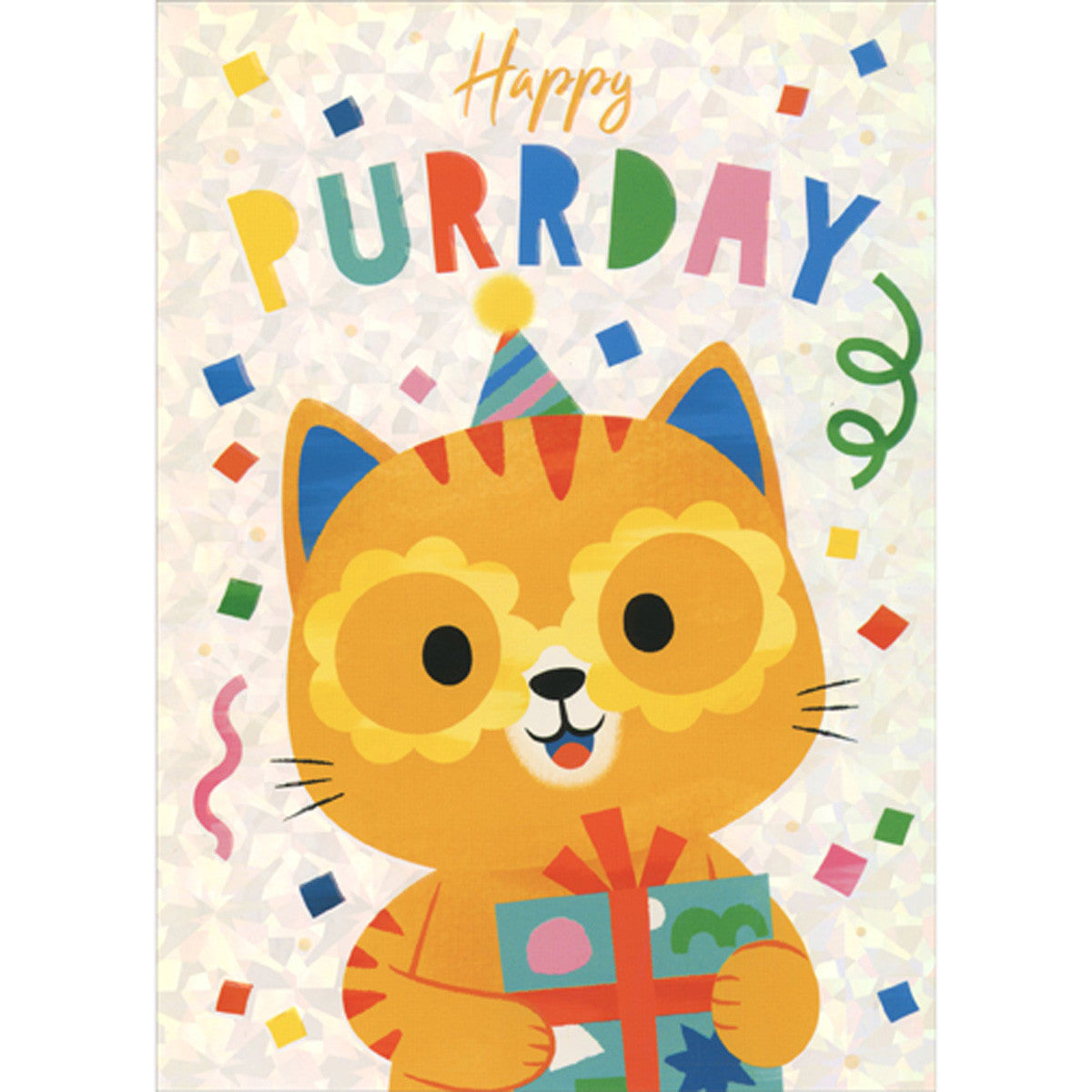 Happy Purrday: Yellow Cat Wearing Flower Shaped Glasses Birthday Card for Kid