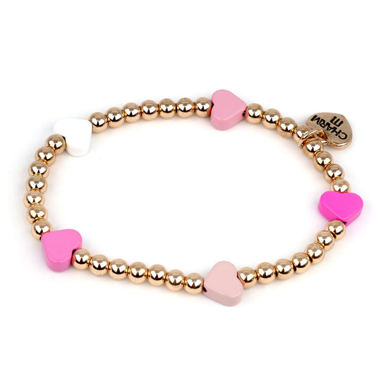 Gold Pink Heart Bead Bracelet Stretch