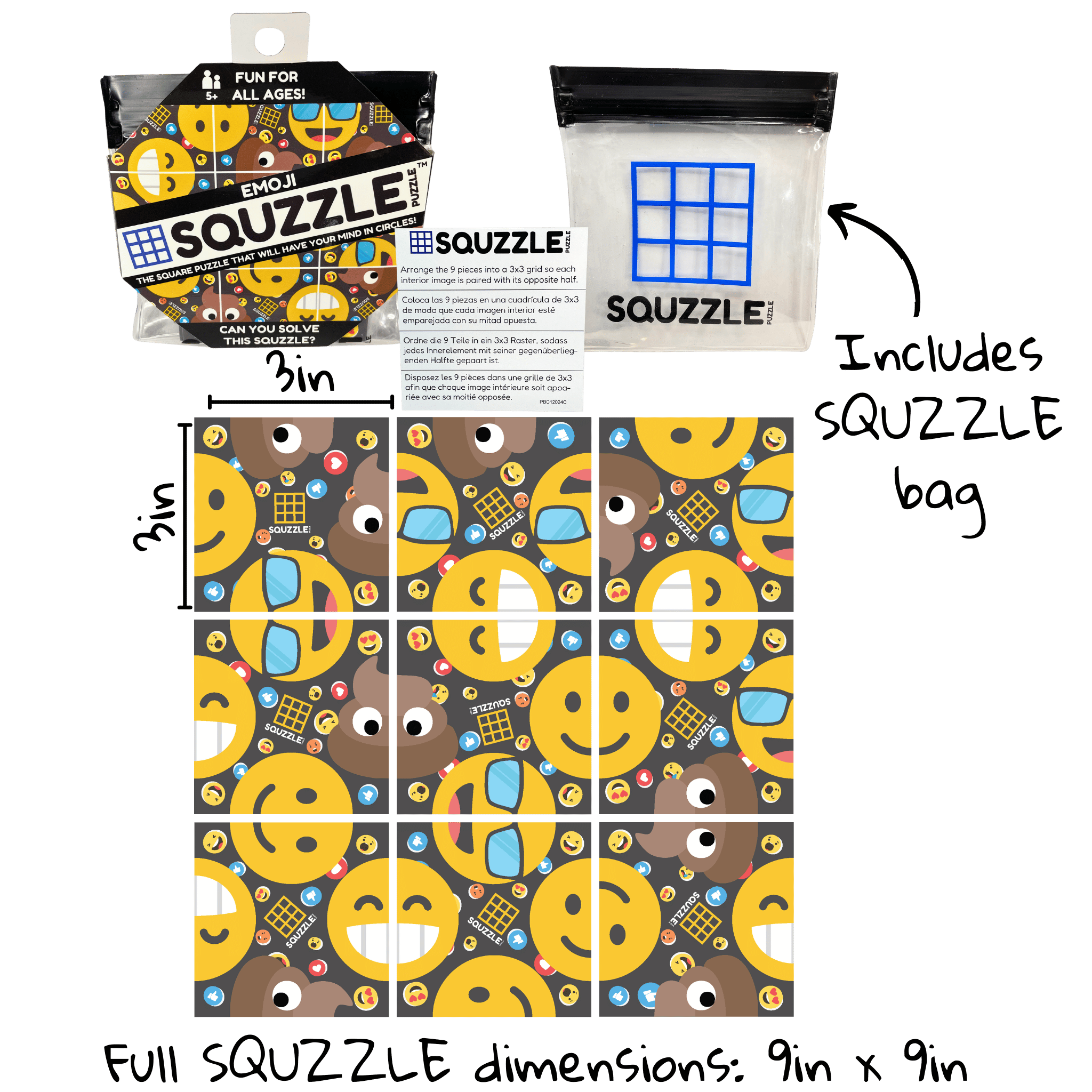 Emoji Squzzle 9-Piece Brain Teaser Puzzle Fun Squared Travel Game