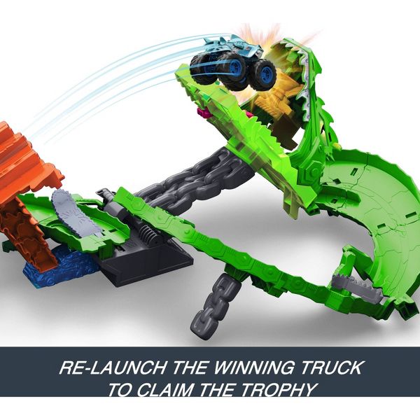Hot Wheels Monster Trucks Sharks vs. Dinos Dragon Destruction Playset and 2 Toy Trucks