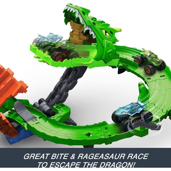 Hot Wheels Monster Trucks Sharks vs. Dinos Dragon Destruction Playset and 2 Toy Trucks