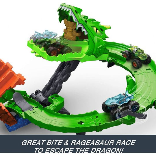 Hot Wheels Monster Trucks Sharks vs. Dinos Dragon Destruction Playset and 2 Toy Trucks