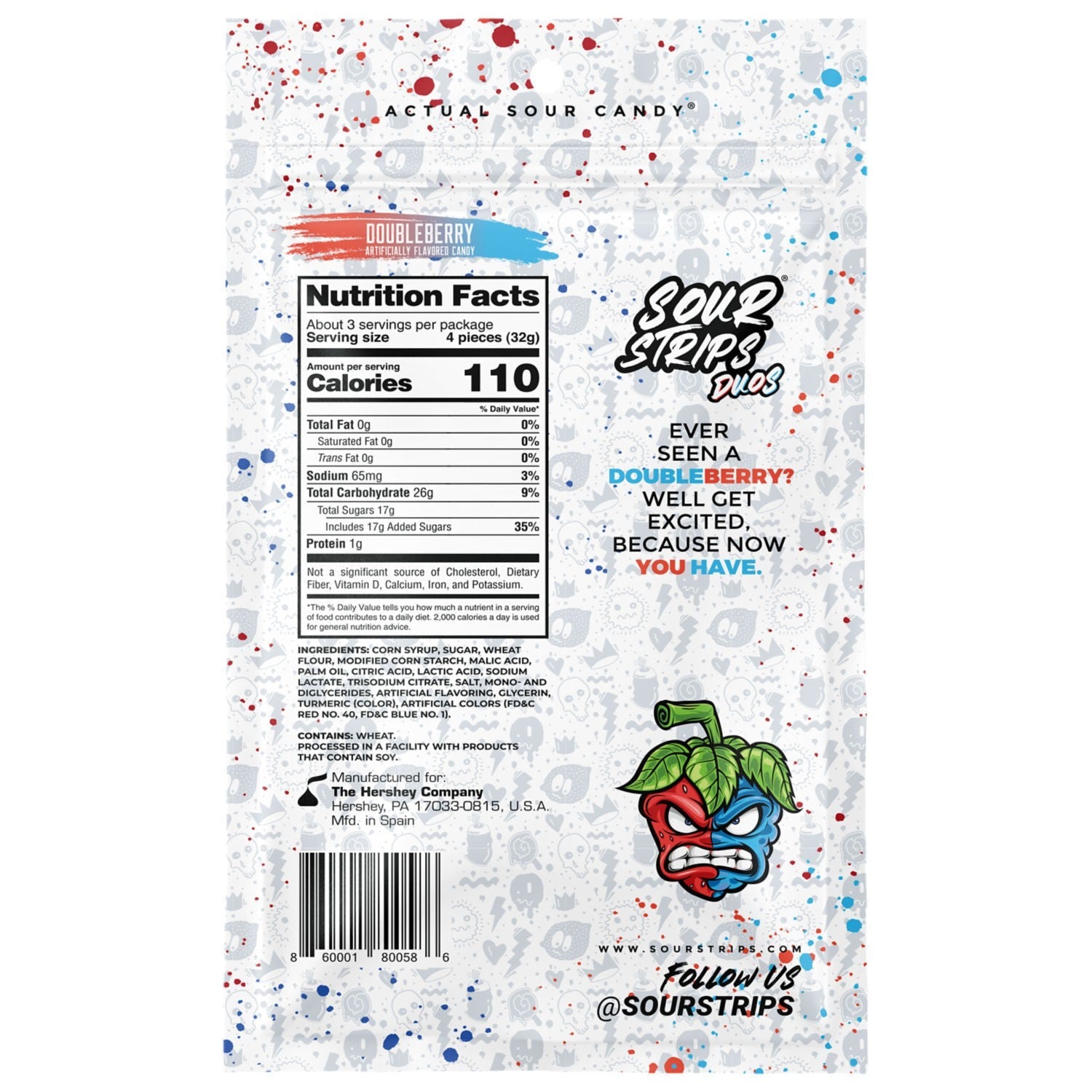 Sour Strips Duos Doubleberry Flavored Chewy Candy 3.4oz