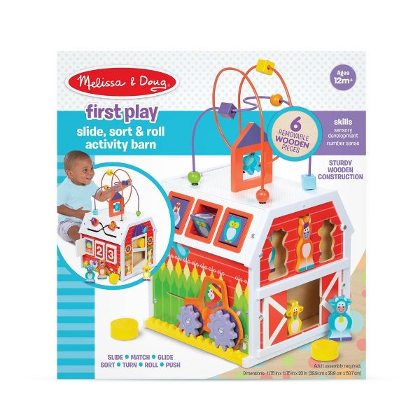 Melissa & Doug First Play Slide, Sort & Roll Wooden Activity Barn with Bead Maze
