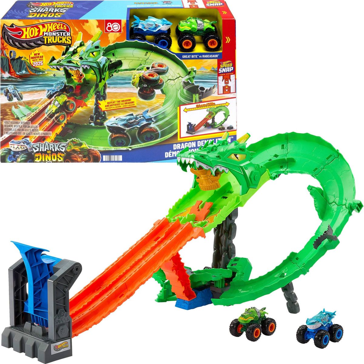 Hot Wheels Monster Trucks Sharks vs. Dinos Dragon Destruction Playset and 2 Toy Trucks