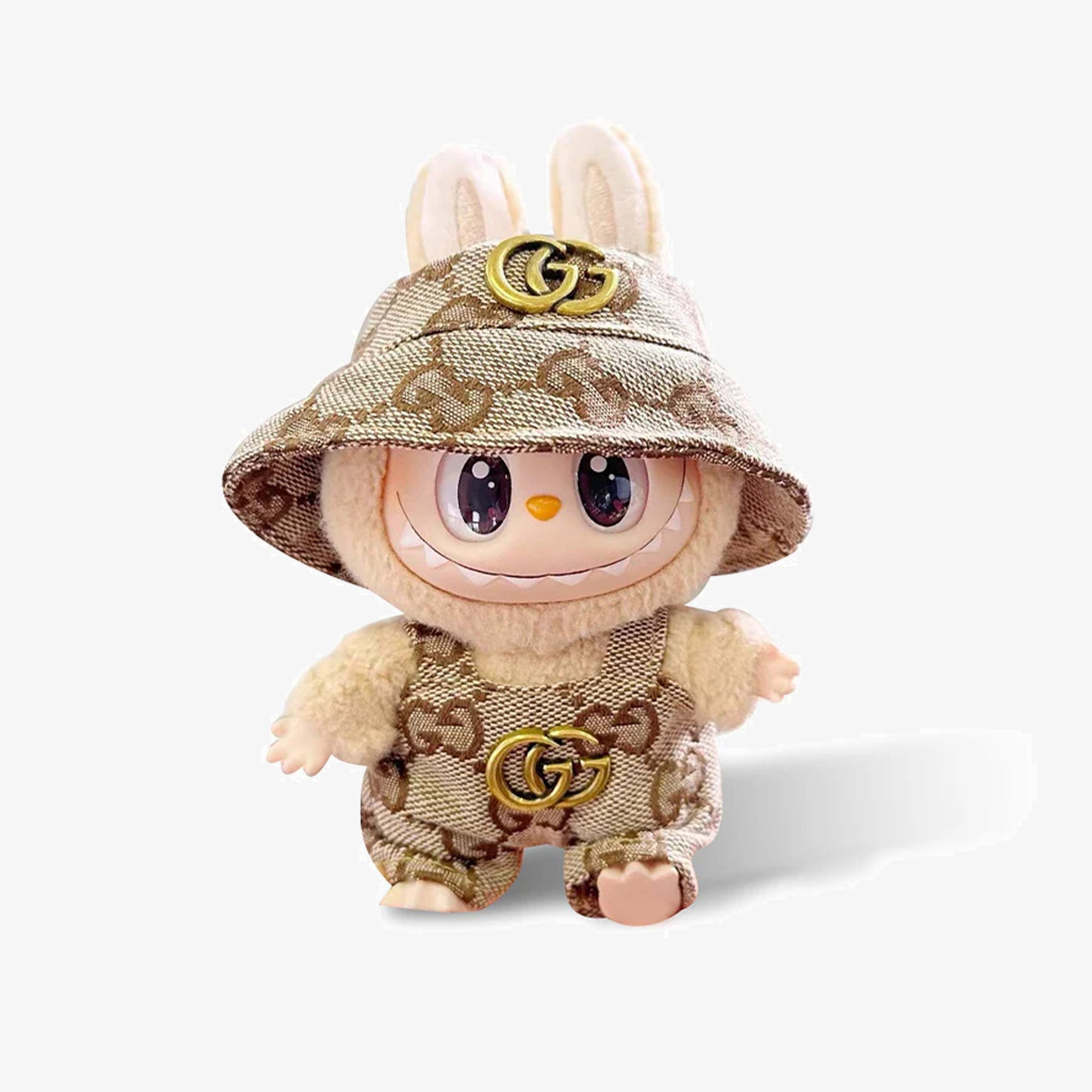 Designer Canvas Hat And Overalls Brown  Labubu Outfit