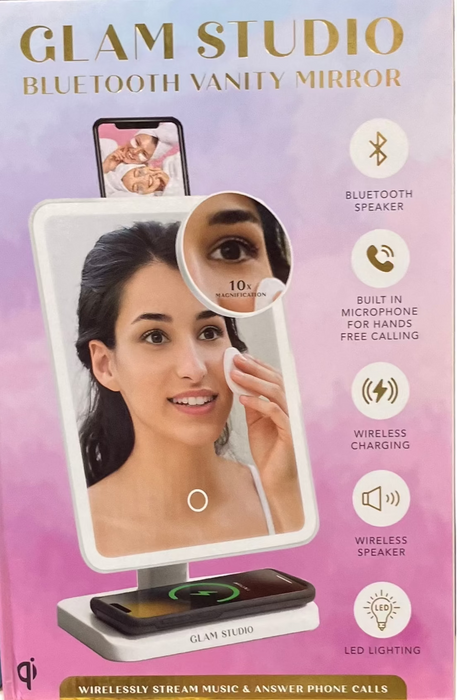 Glam Studio Vanity Mirror and Bluetooth Speaker-White