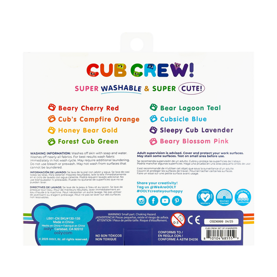 OOLY Cub Crew Washable Markers Set of 8 Vibrant Colors