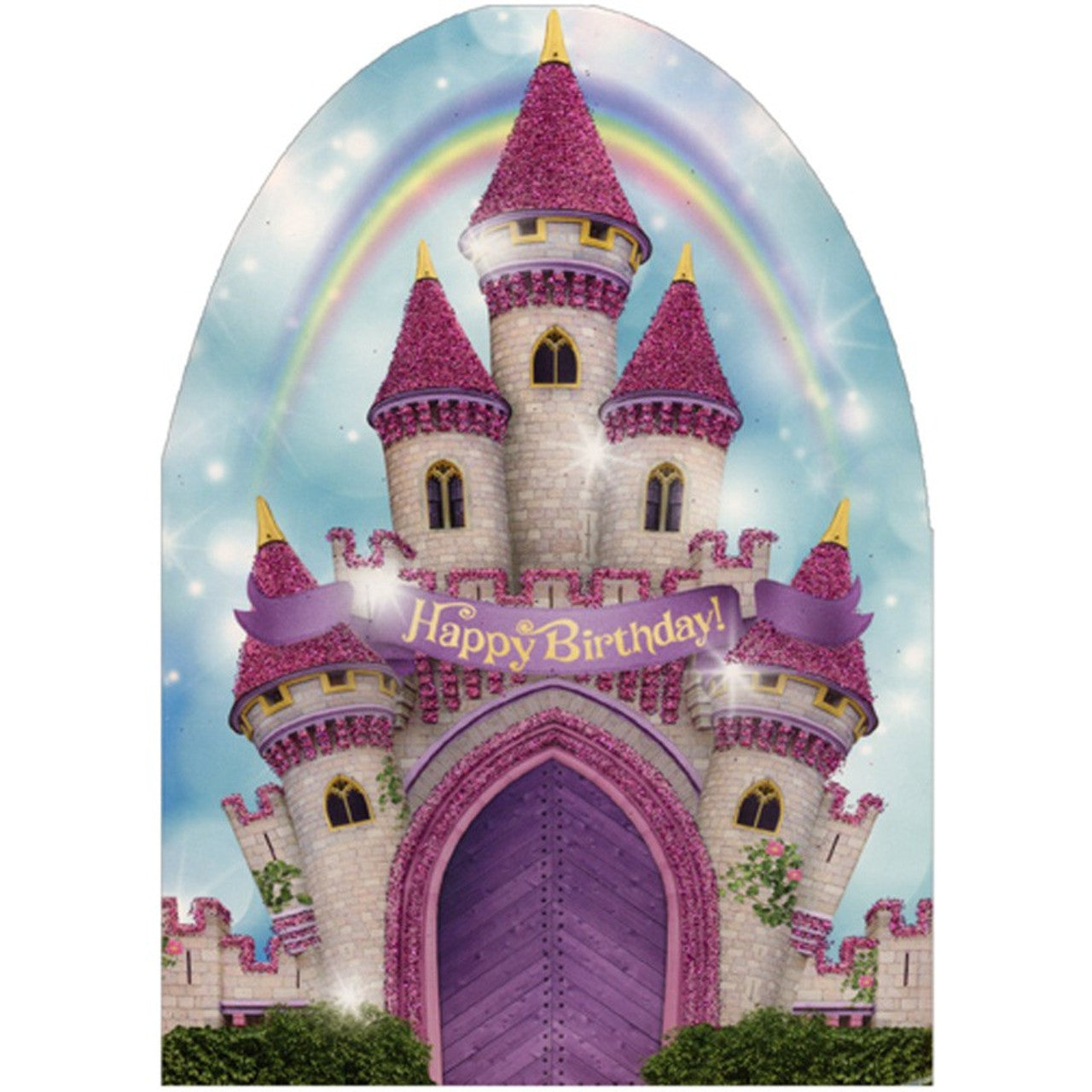 Pink Castle and Rainbow Die Cut Glitter Birthday Card For Girls