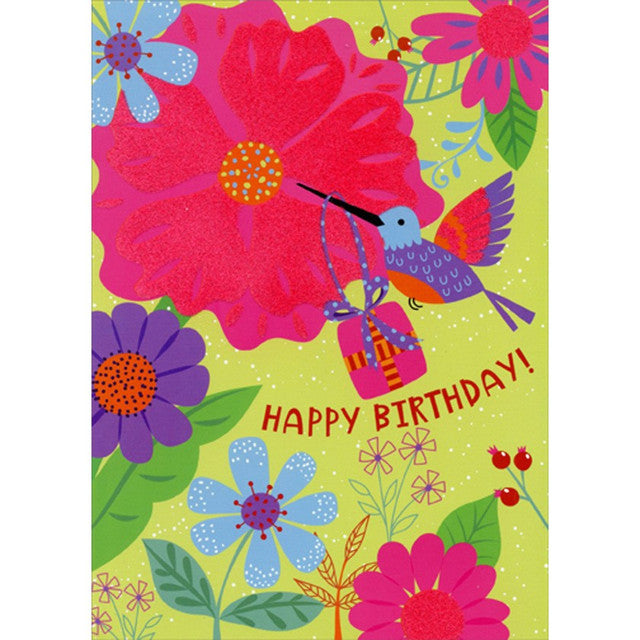 Hummingbird, Gift and Flowers with Flocked Surface Birthday Card