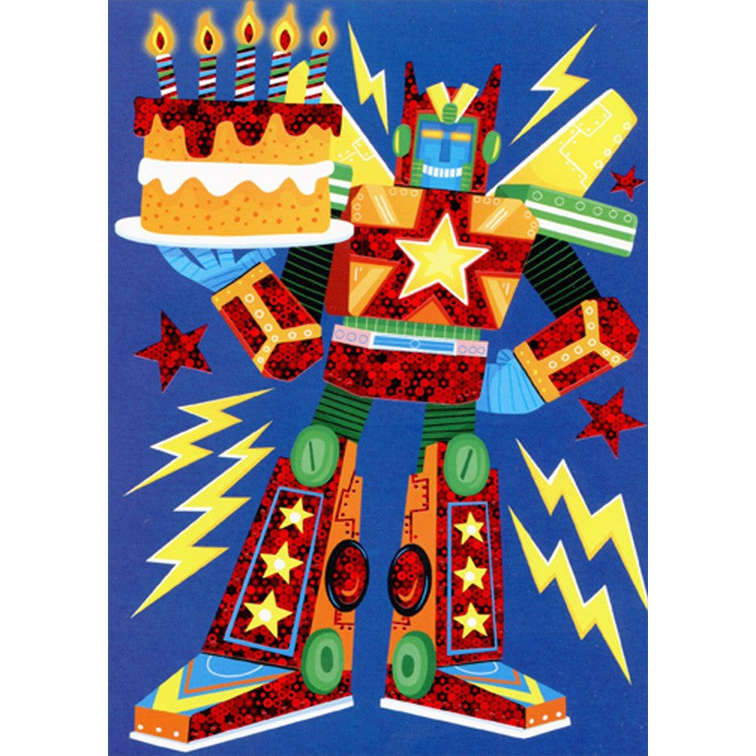 Red Foil and Yellow Robot Holding Cake Juvenile Birthday Card for Kids