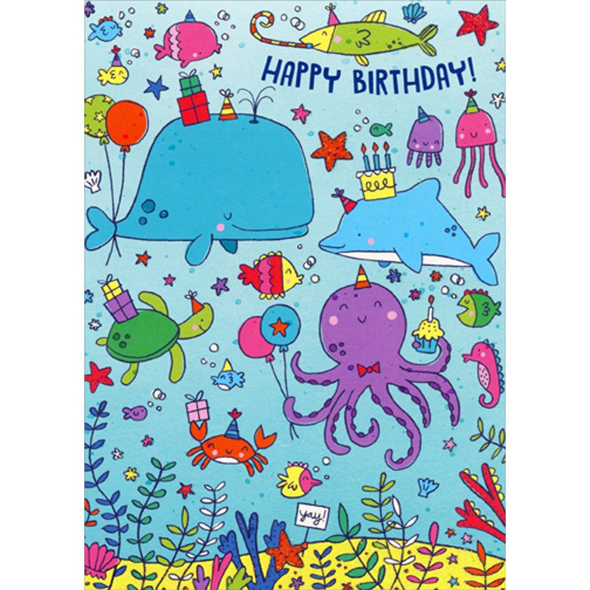 Fish, Whale, Dolphin, Turtle, Octopus, Crab in Ocean Juvenile Birthday Card for Kids