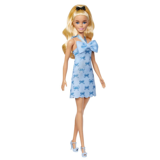 Barbie Fashionistas Doll in Blue Bow Halter Dress, Blonde Ponytail With Bow Accessory