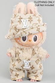 Designer Beige Bucket And Overalls Labubu Outfit