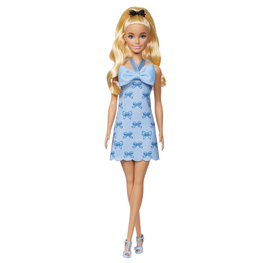 Barbie Fashionistas Doll in Blue Bow Halter Dress, Blonde Ponytail With Bow Accessory