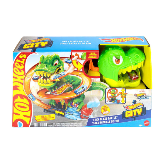Hot Wheels City T-Rex Blaze Battle Playset & 1:64 Scale Die-Cast Car, Dinosaur Nemesis