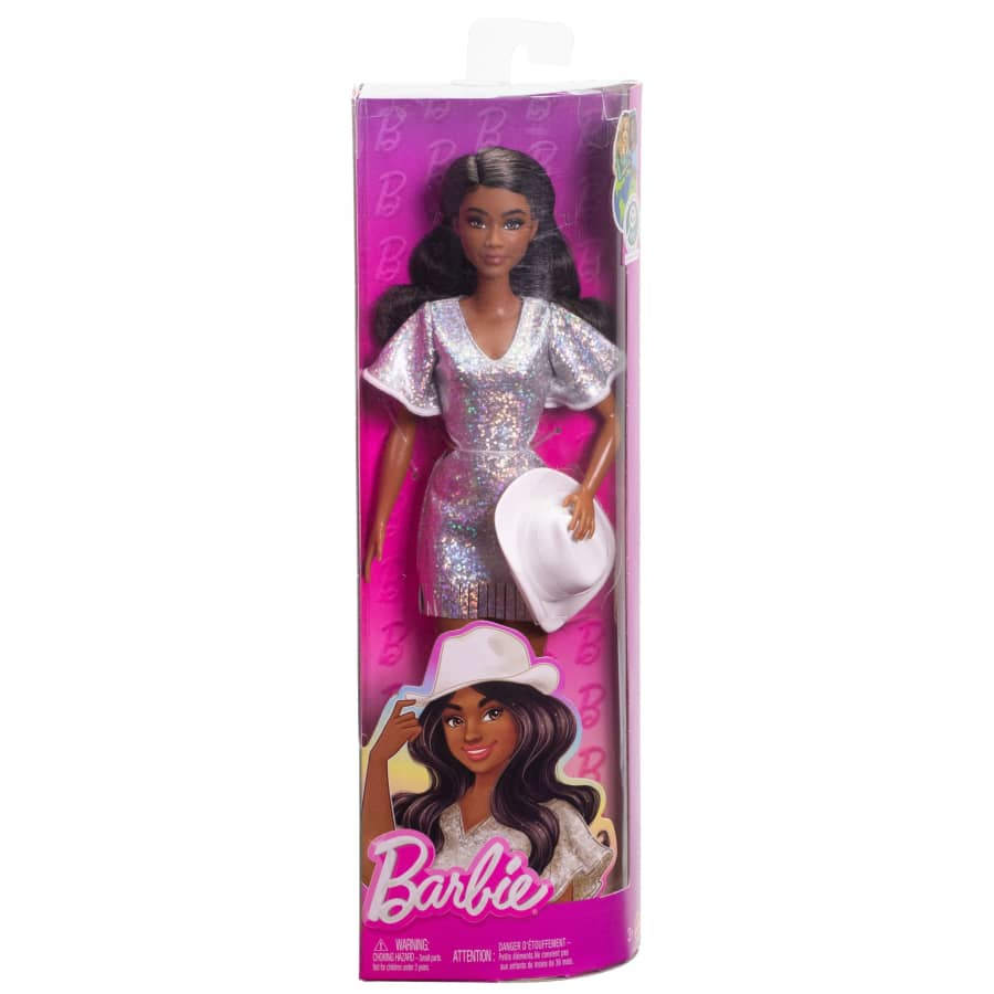 Barbie Fashionistas Doll in Sparkly Silver Dress With Cowboy Hat And Boots, Black Hair