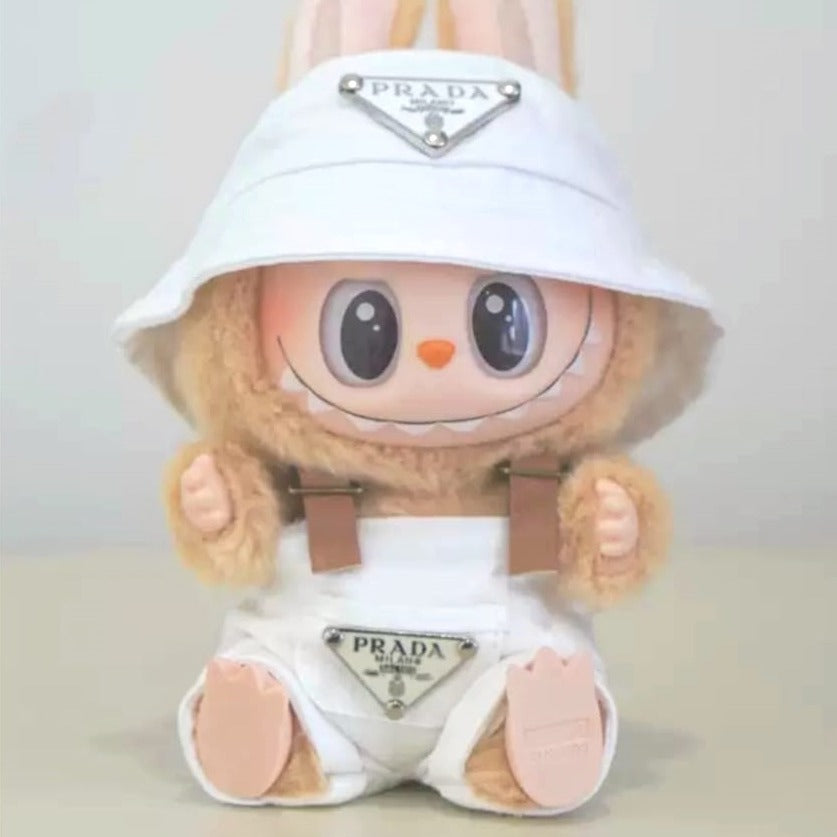 Designer White Bucket Hat And Overalls Labubu Outfit