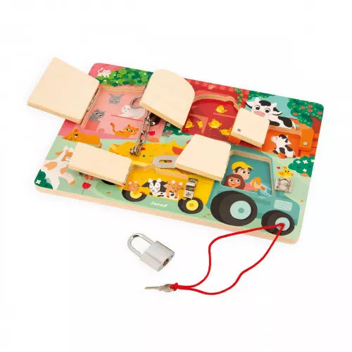 Janod Farmyard Padlocks Busy Board: Educational Locks & Latches Activity Toy