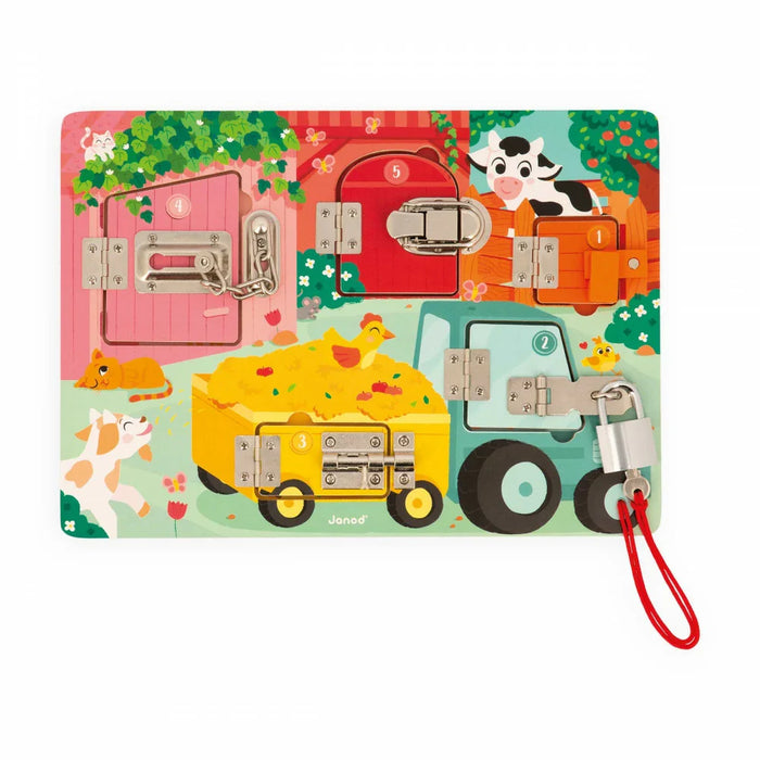 Janod Farmyard Padlocks Busy Board: Educational Locks & Latches Activity Toy