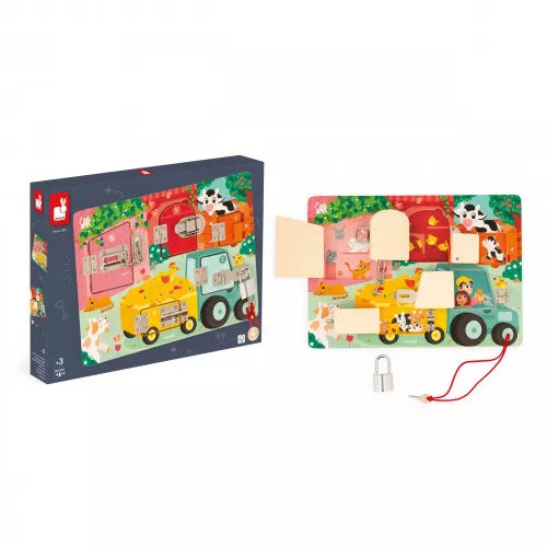 Janod Farmyard Padlocks Busy Board: Educational Locks & Latches Activity Toy