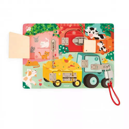 Janod Farmyard Padlocks Busy Board: Educational Locks & Latches Activity Toy