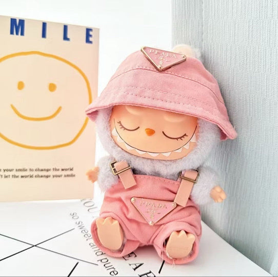 Designer Pink Bucket Hat And Overalls Labubu Outfit
