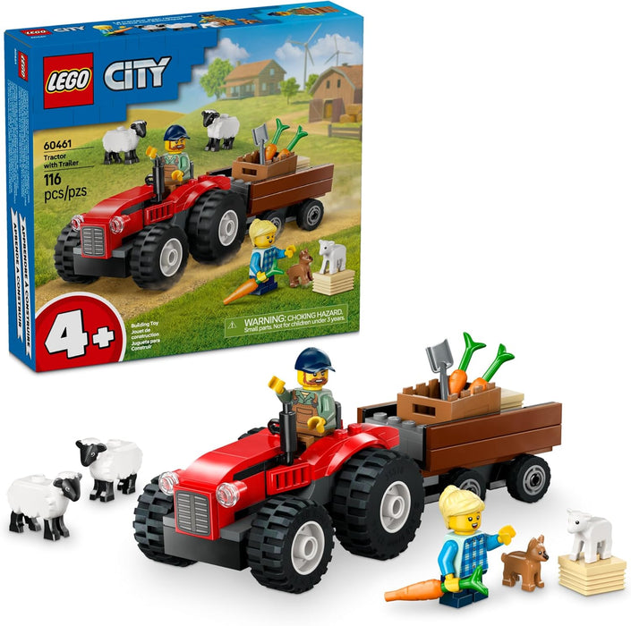 City: Red Farm Tractor with Trailer and Sheep