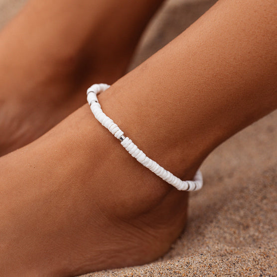 Silver and White Puka Shell Stretch Anklet PuraVida