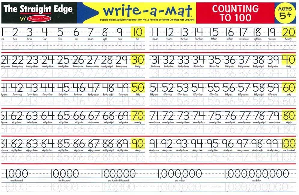 Counting to 100 Write-A-Mat Learning Placemat